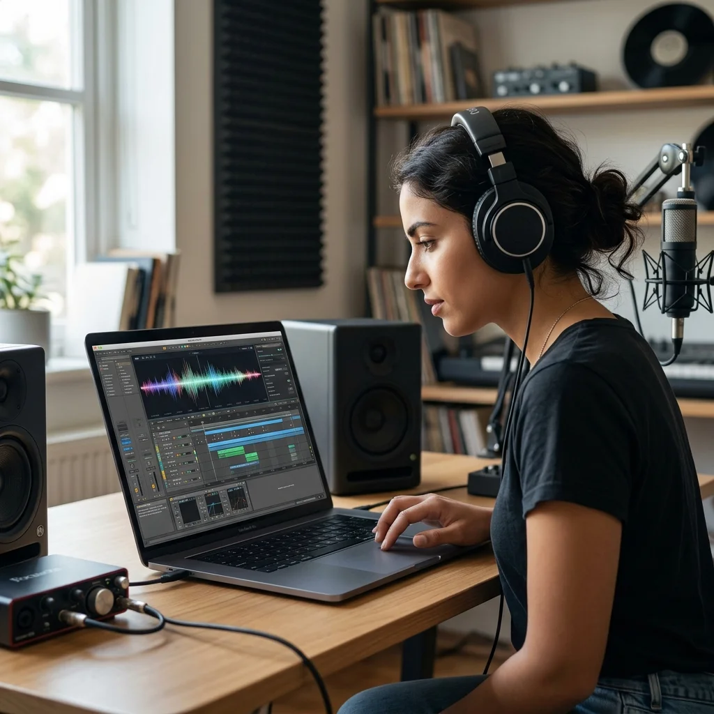Creator editing a music video with waveform and caption timeline