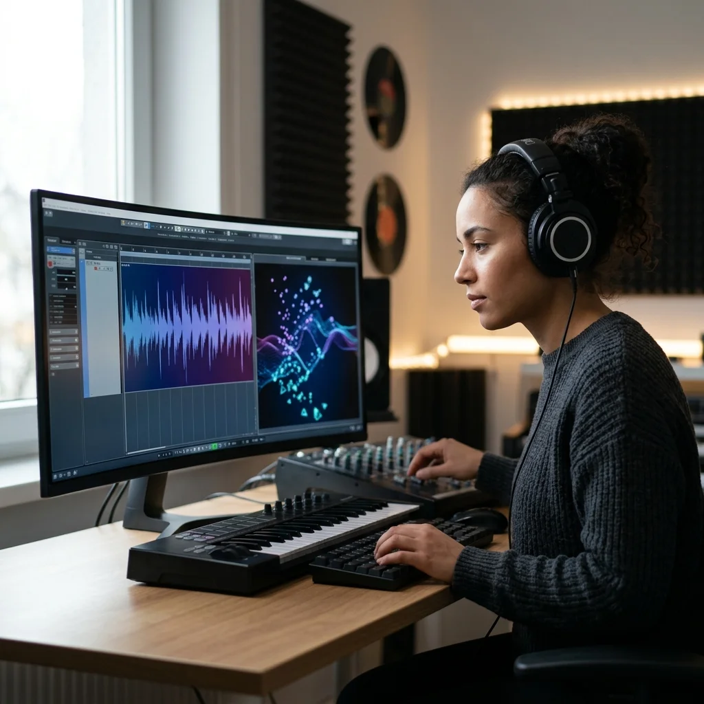 Independent musician shaping an AI music idea in a bright home studio
