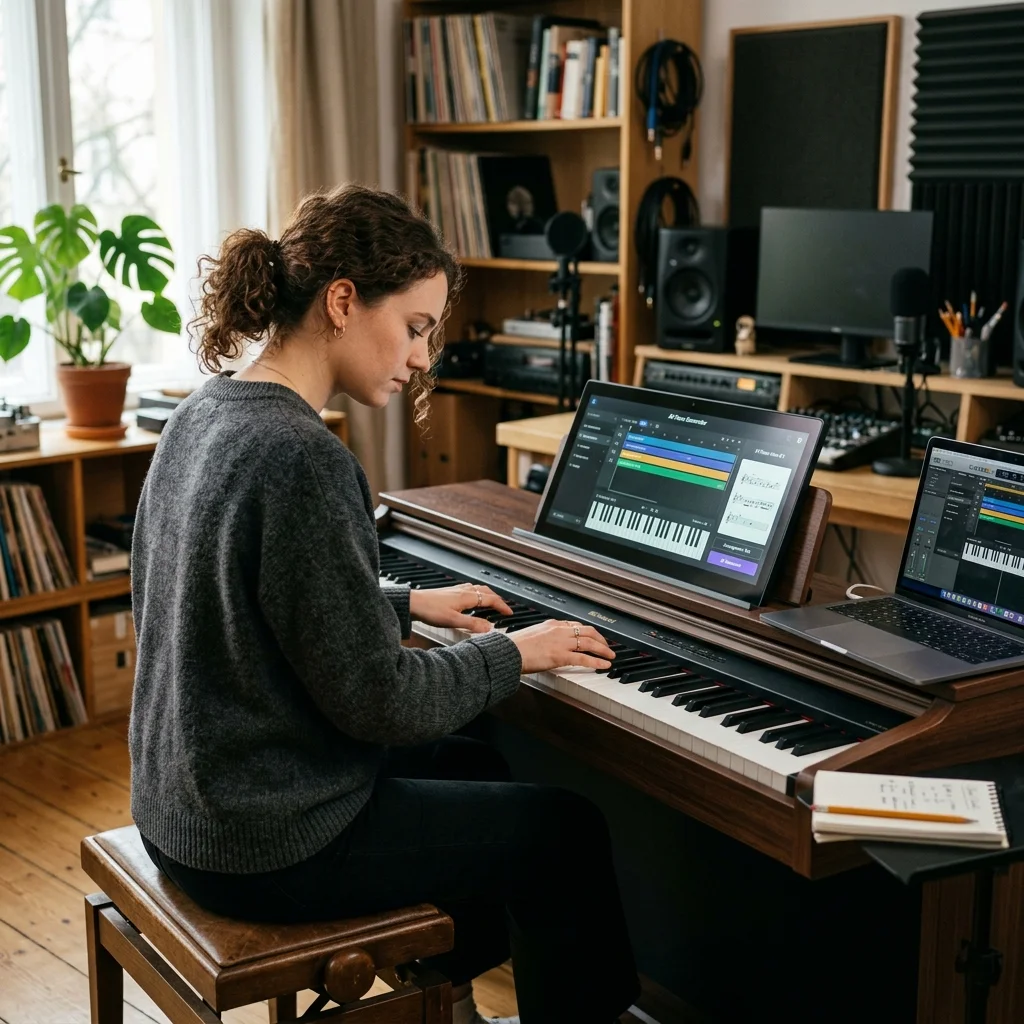 Composer building chords and MIDI ideas on a digital piano