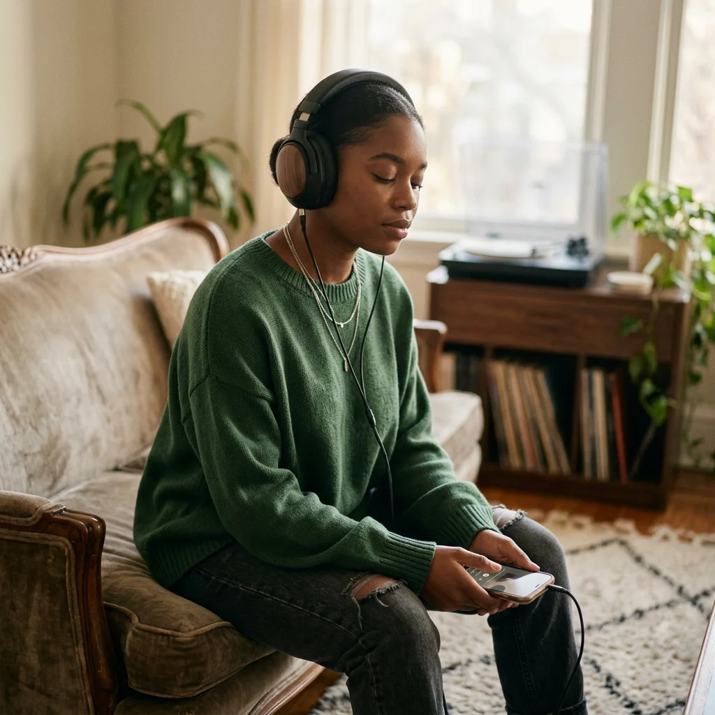Independent musician shaping an AI music idea in a bright home studio