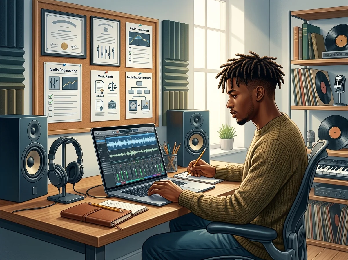 Creative team checking commercial music rights and publishing readiness