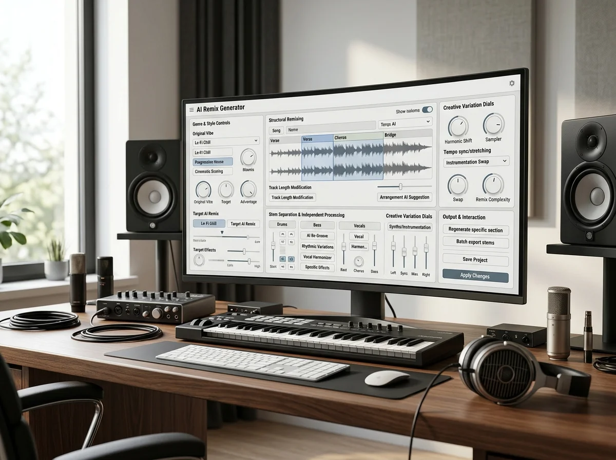 Audio engineer separating vocal and instrumental stems in a clean studio