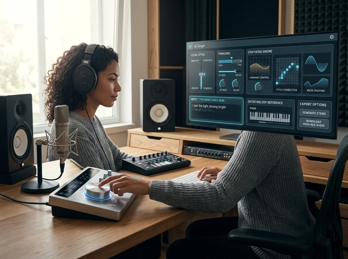 Audio engineer separating vocal and instrumental stems in a clean studio