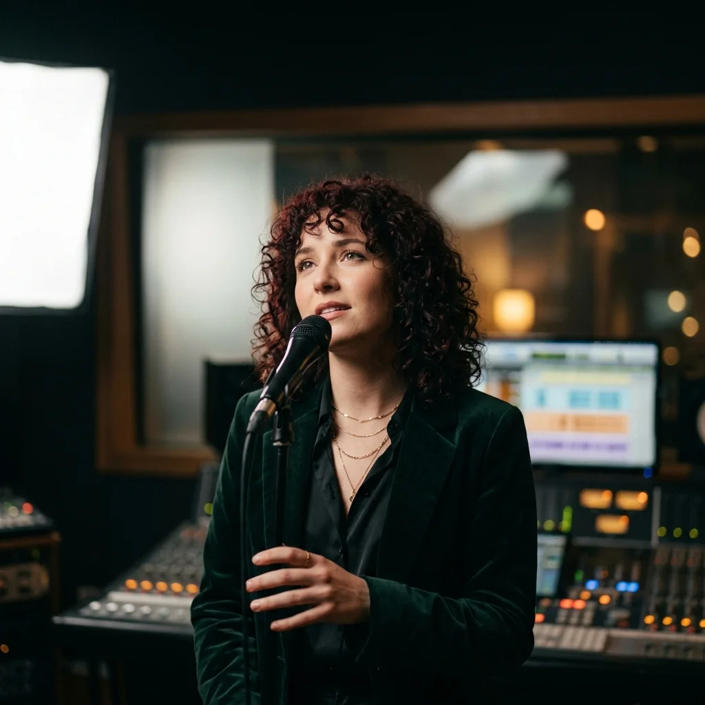 Vocalist recording a clean voice sample in a bright vocal booth