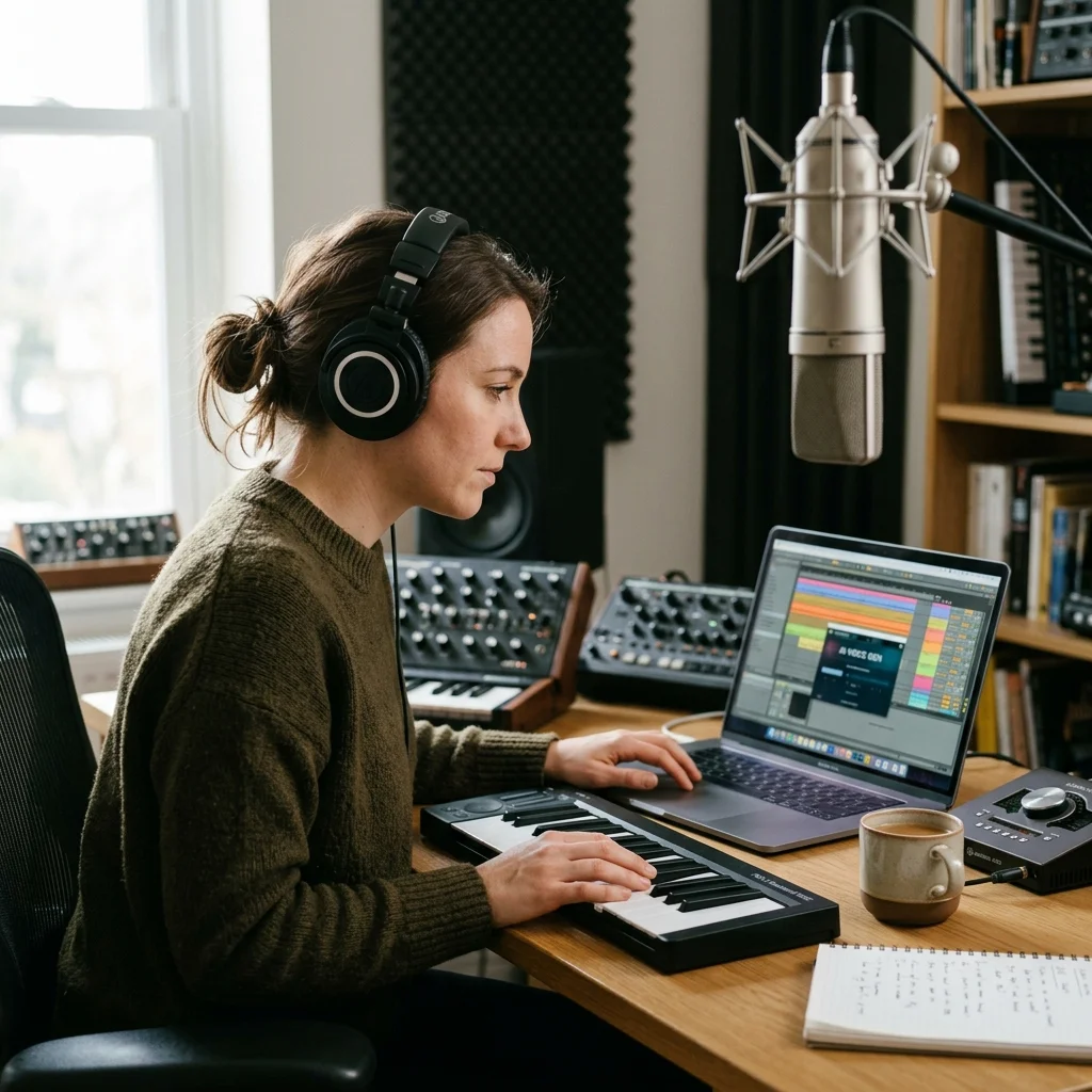 Vocalist recording a clean voice sample in a bright vocal booth