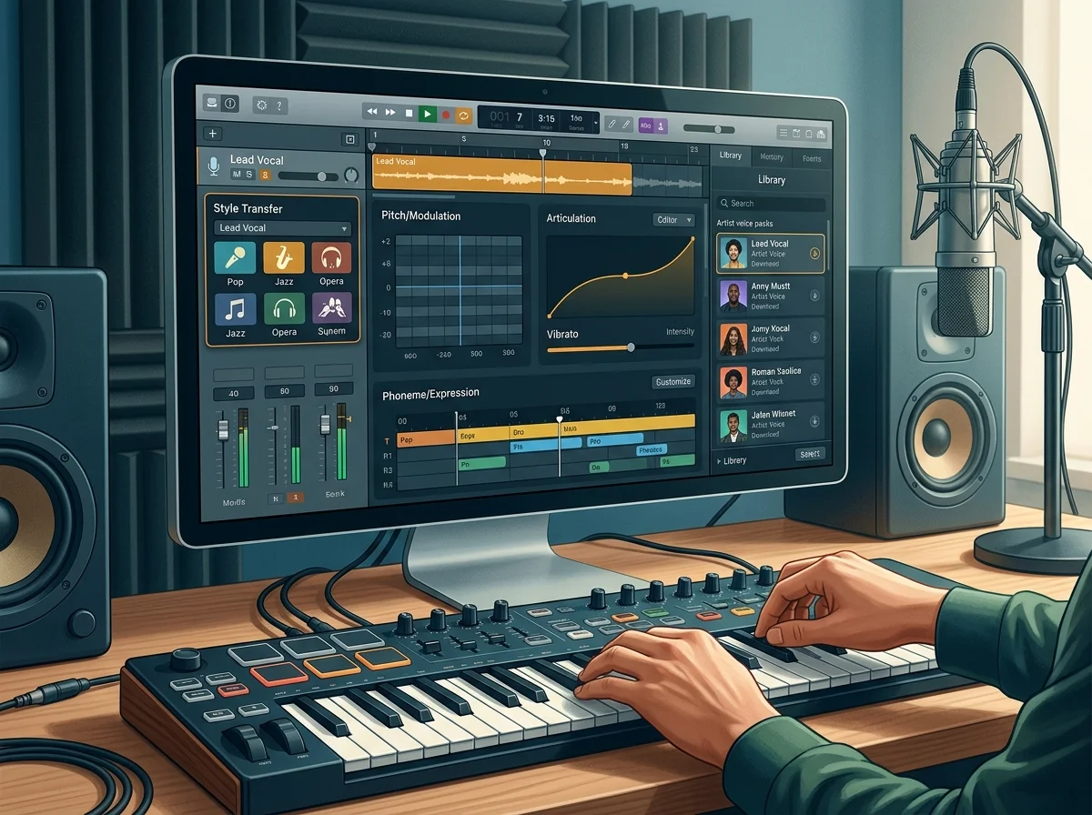 Audio engineer separating vocal and instrumental stems in a clean studio