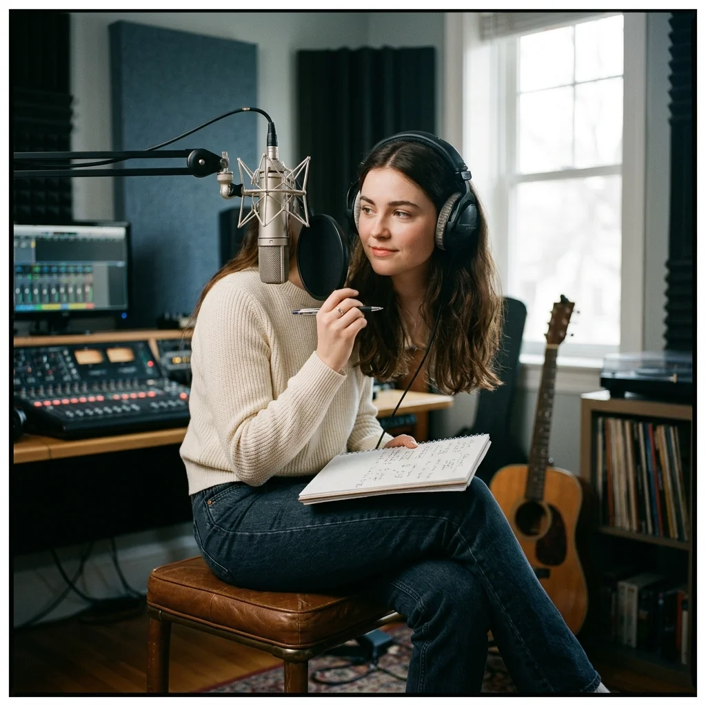 Vocalist recording a clean voice sample in a bright vocal booth