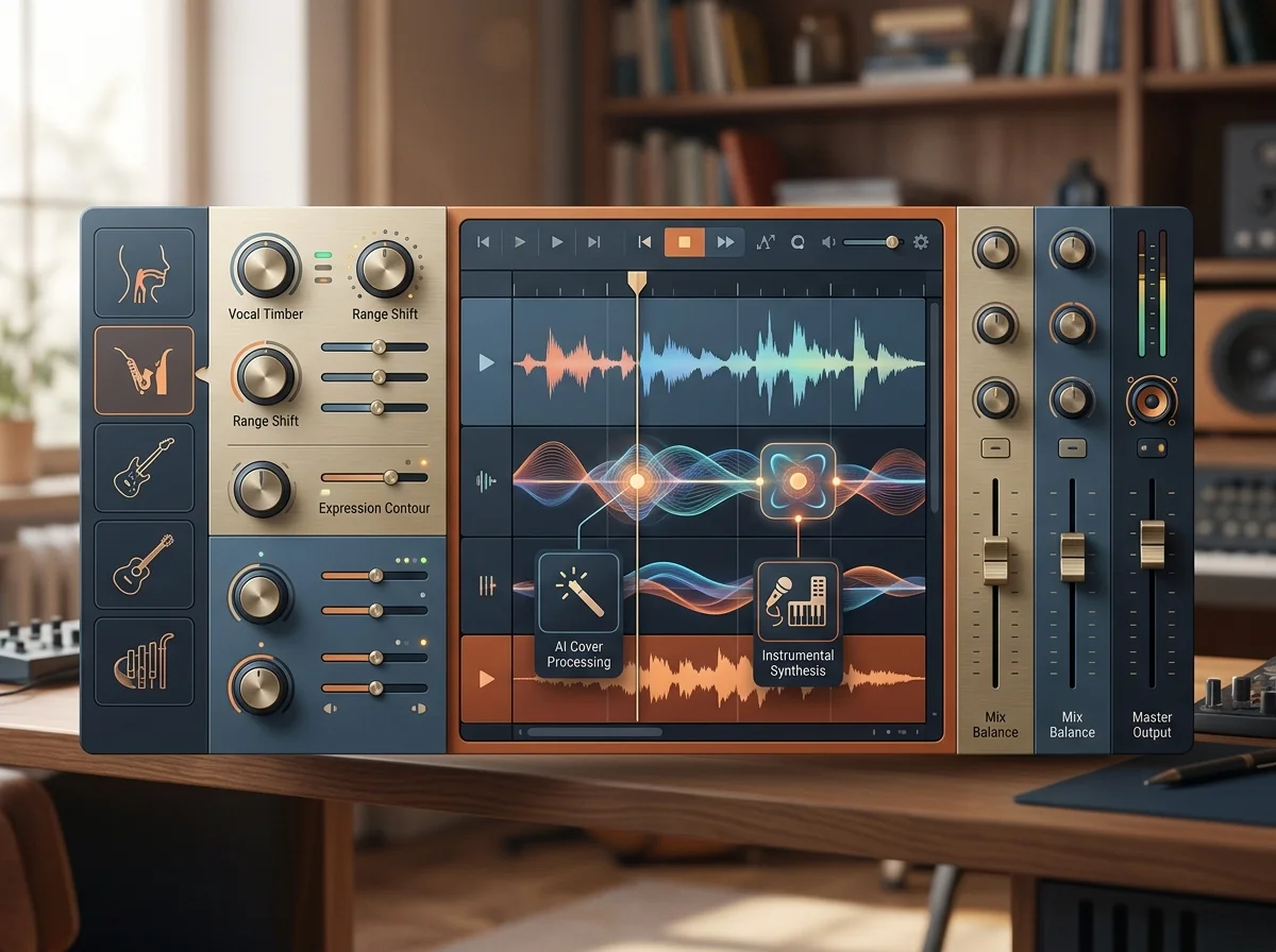 Audio engineer separating vocal and instrumental stems in a clean studio