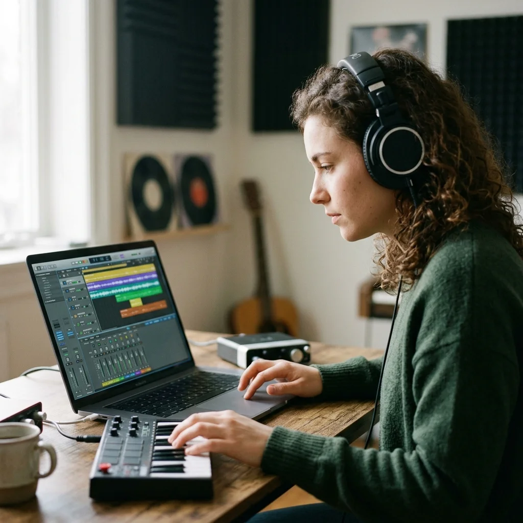 Independent musician shaping an AI music idea in a bright home studio