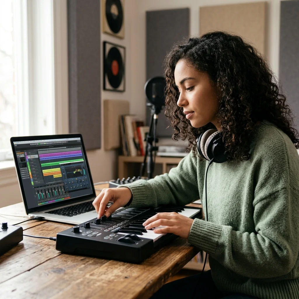 Independent musician shaping an AI music idea in a bright home studio