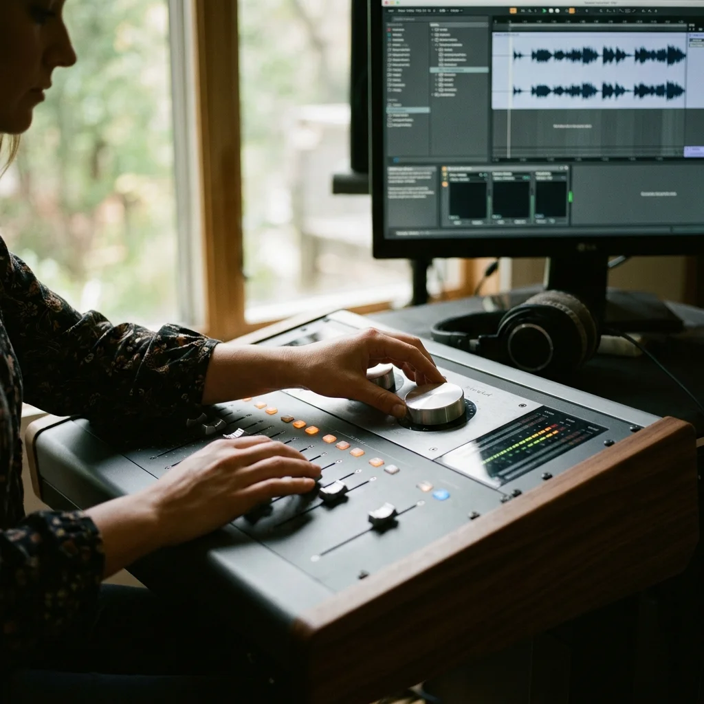 Songwriter turning rough ideas into lyrics with acoustic guitar nearby
