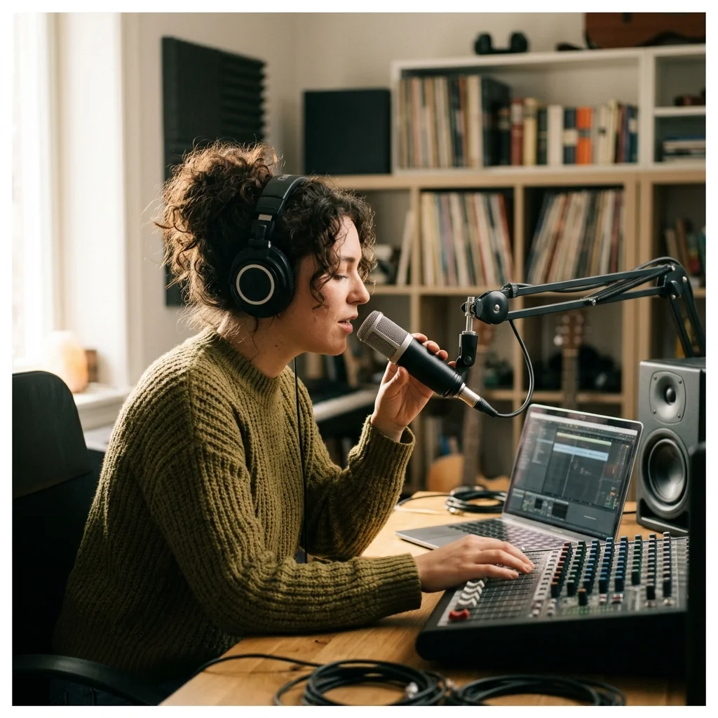 Vocalist recording a clean voice sample in a bright vocal booth