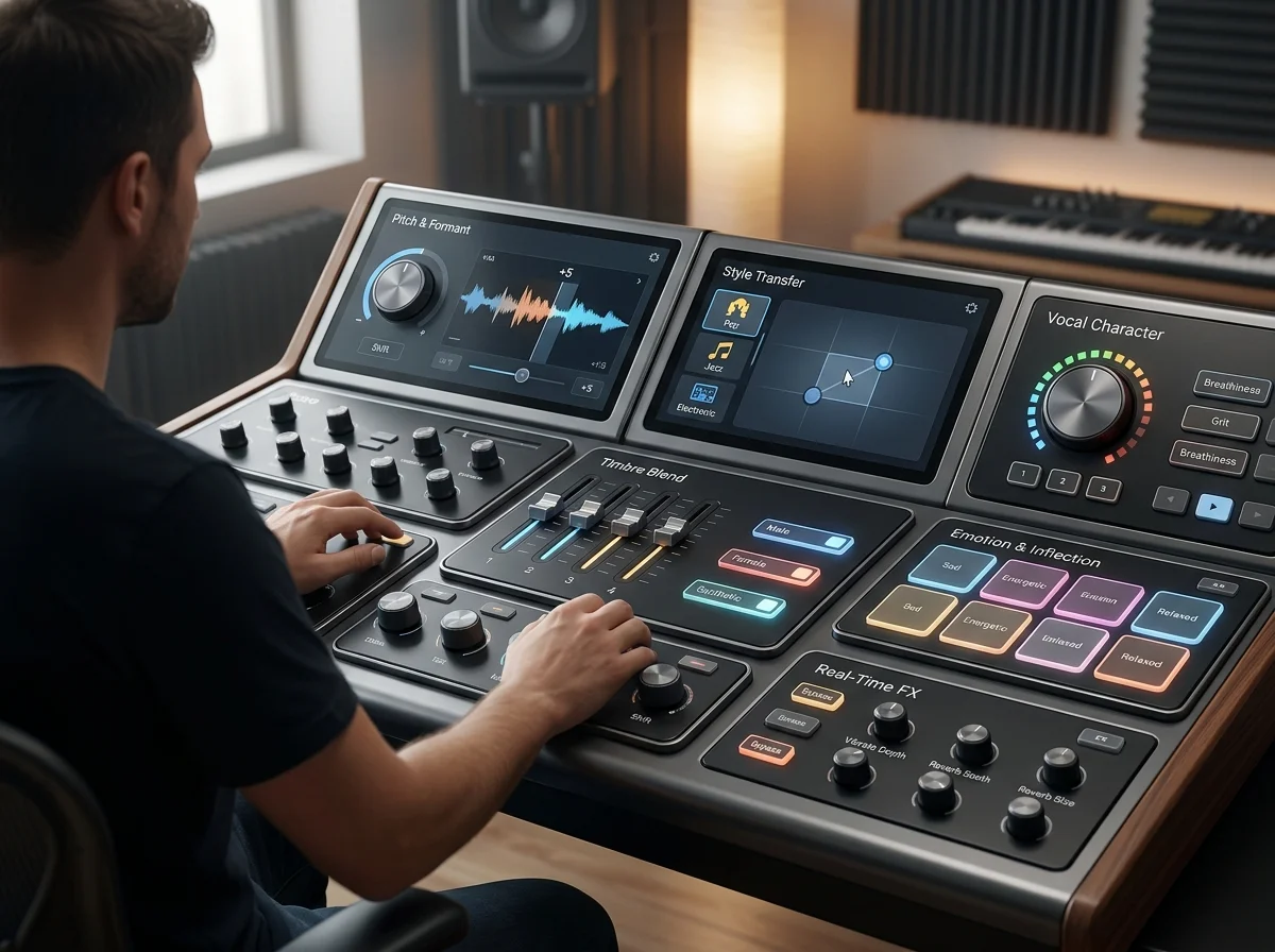 Audio engineer separating vocal and instrumental stems in a clean studio