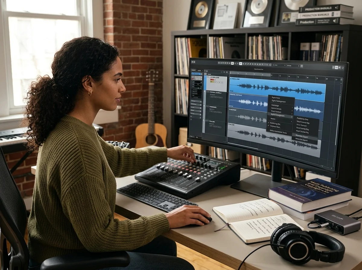 Creator editing a music video with waveform and caption timeline