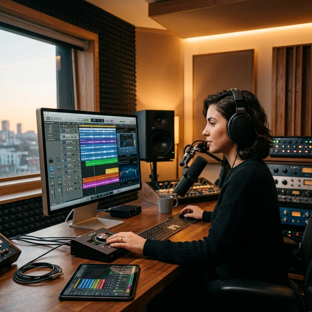 Vocalist recording a clean voice sample in a bright vocal booth