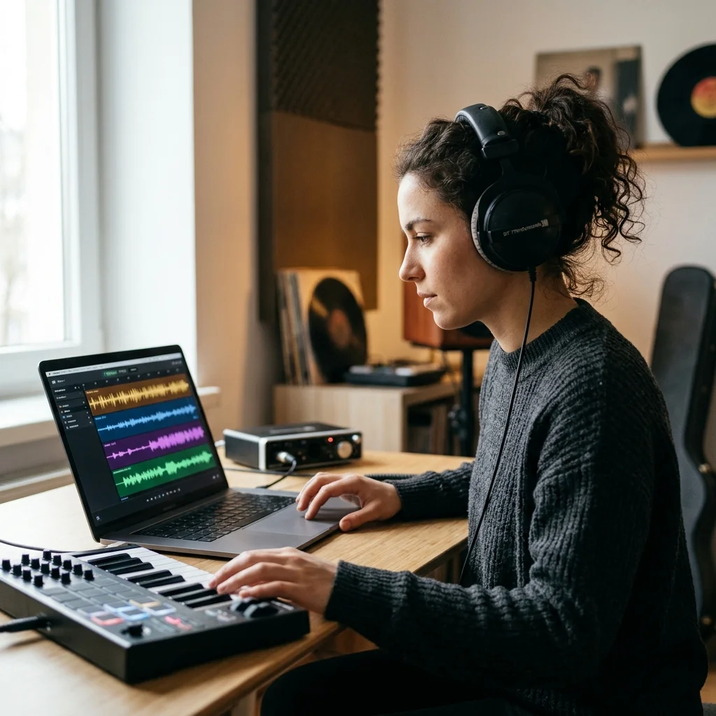 Audio engineer separating vocal and instrumental stems in a clean studio