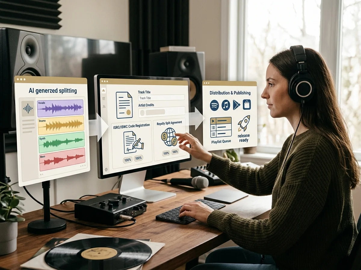 Independent musician shaping an AI music idea in a bright home studio