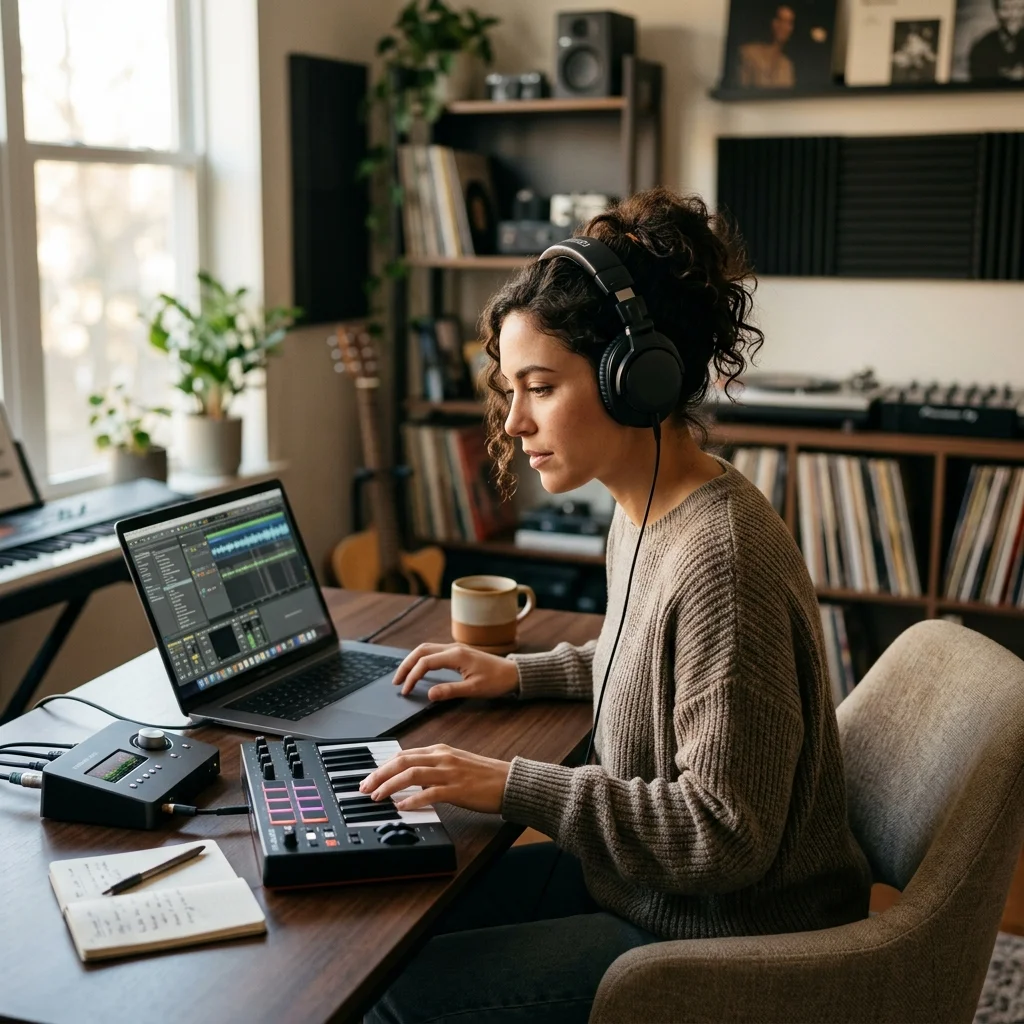 Independent musician shaping an AI music idea in a bright home studio