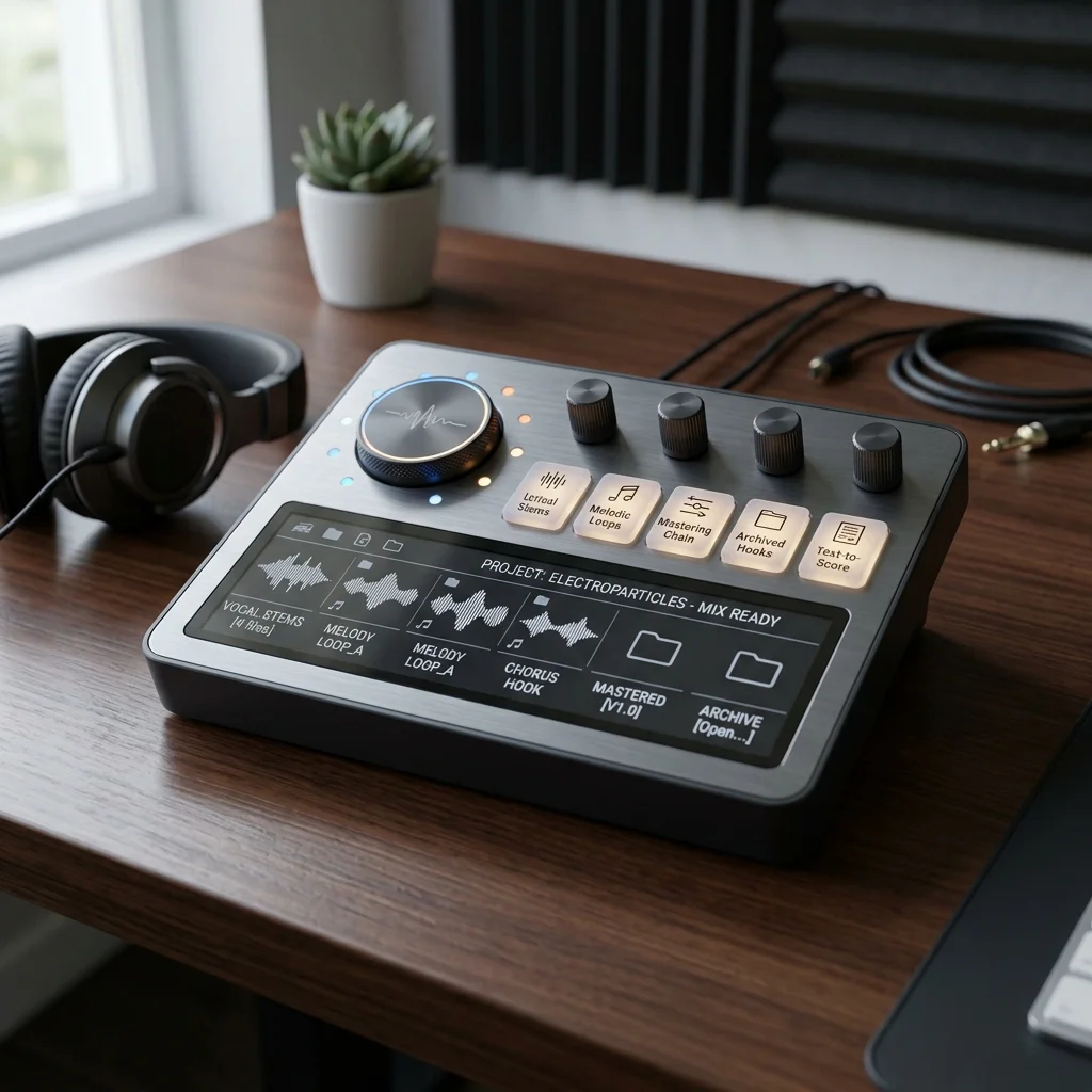 Independent musician shaping an AI music idea in a bright home studio
