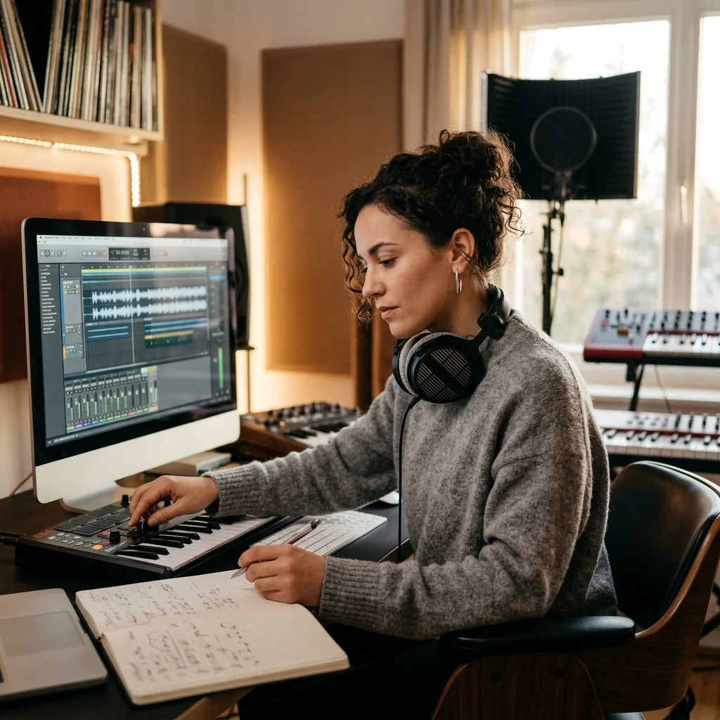 Audio engineer separating vocal and instrumental stems in a clean studio