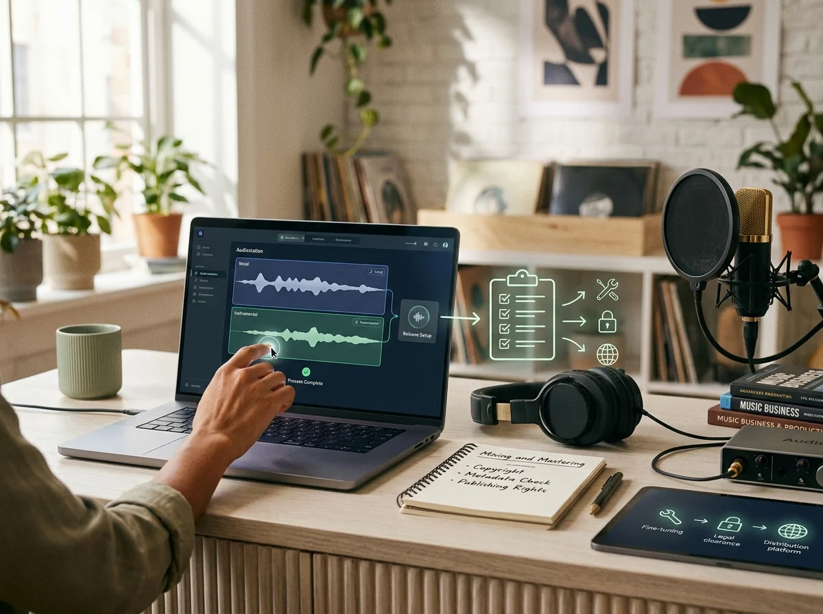 Independent musician shaping an AI music idea in a bright home studio