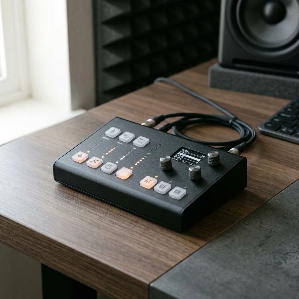 Audio engineer separating vocal and instrumental stems in a clean studio
