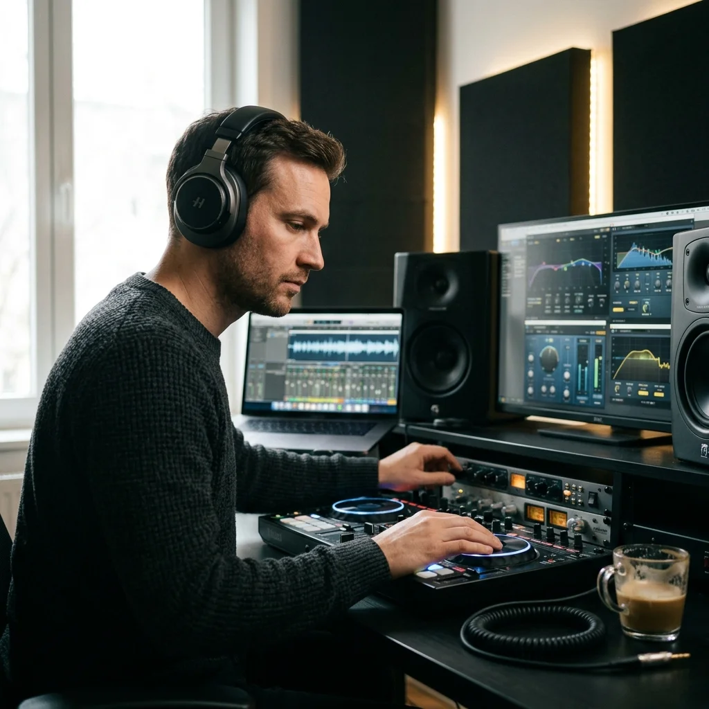 Sound designer analyzing BPM key and pitch before editing audio