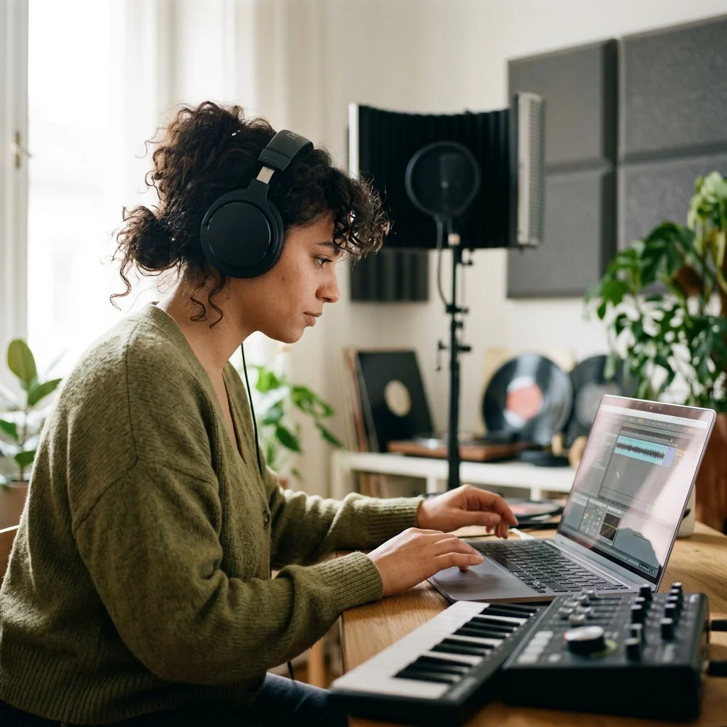 Vocalist recording a clean voice sample in a bright vocal booth