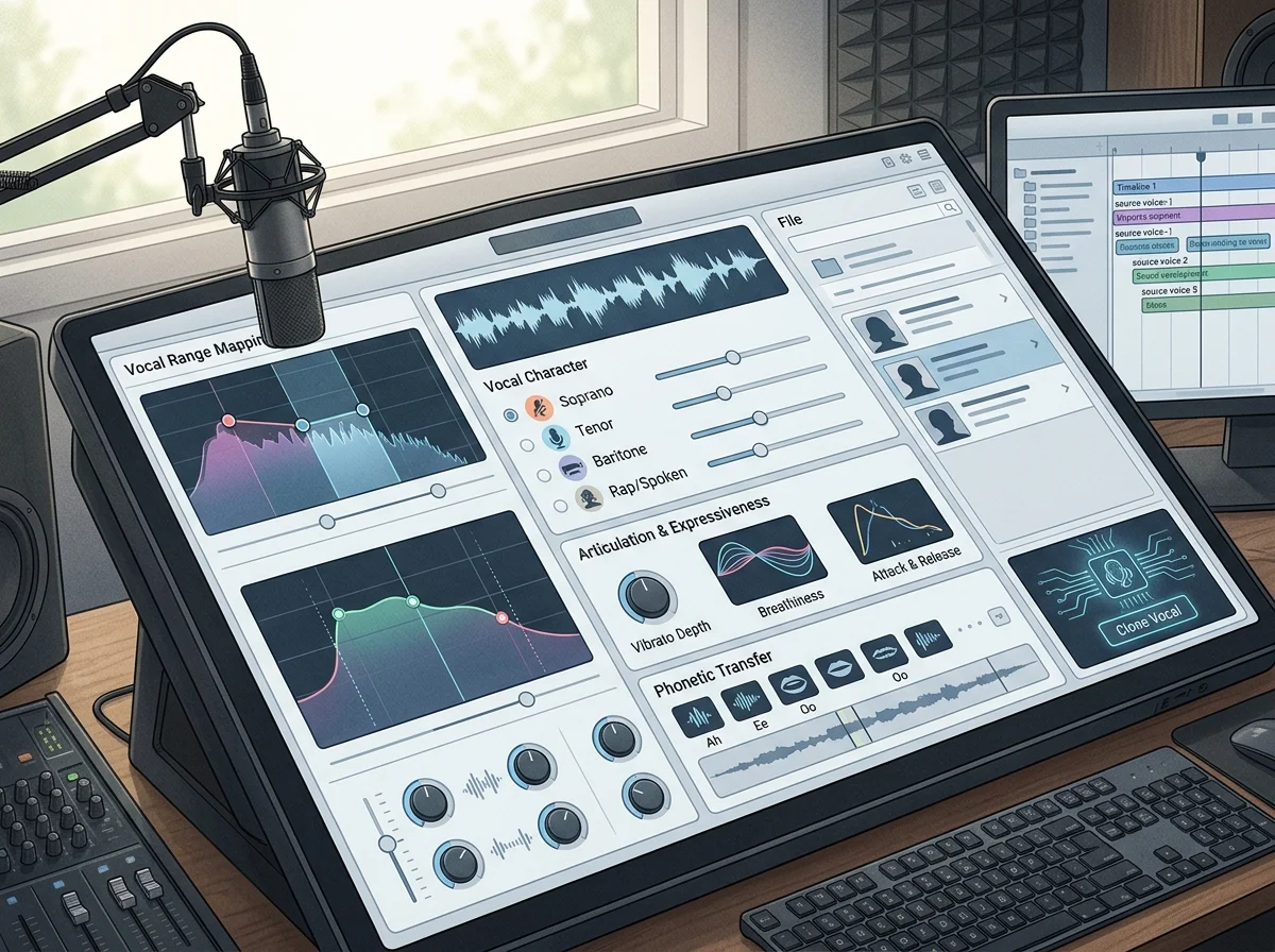 Audio engineer separating vocal and instrumental stems in a clean studio