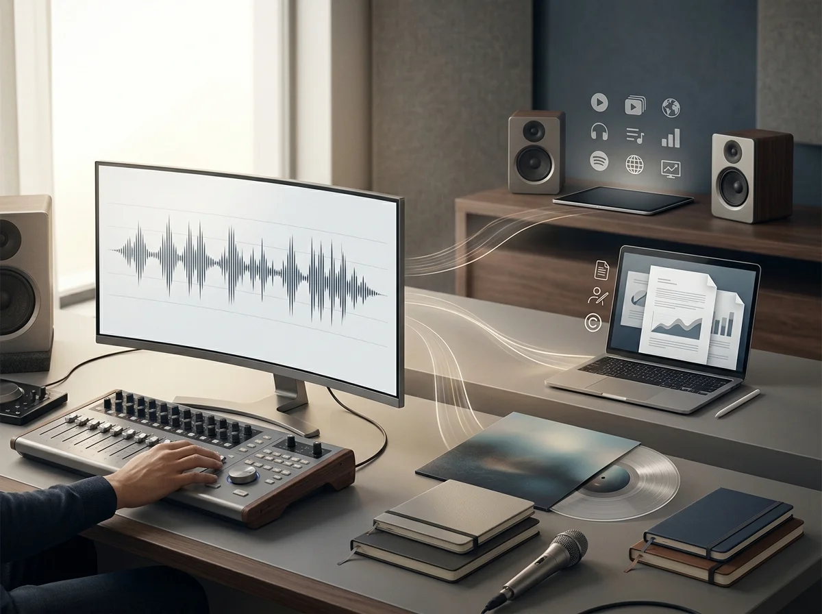 Creator editing a music video with waveform and caption timeline