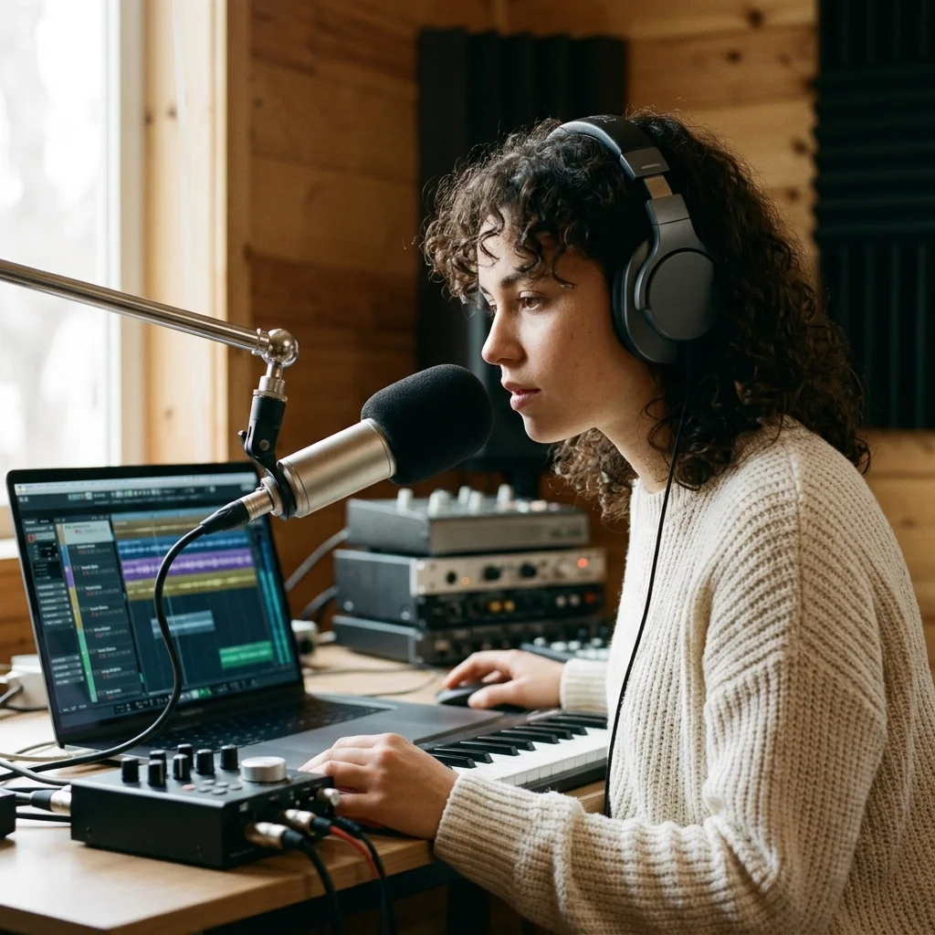 Vocalist recording a clean voice sample in a bright vocal booth