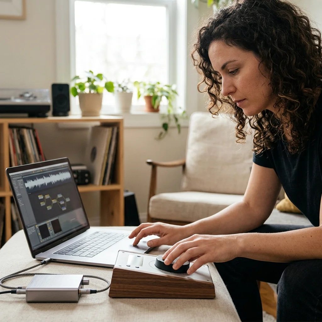 Creator shaping ambient background music with a compact sound texture device