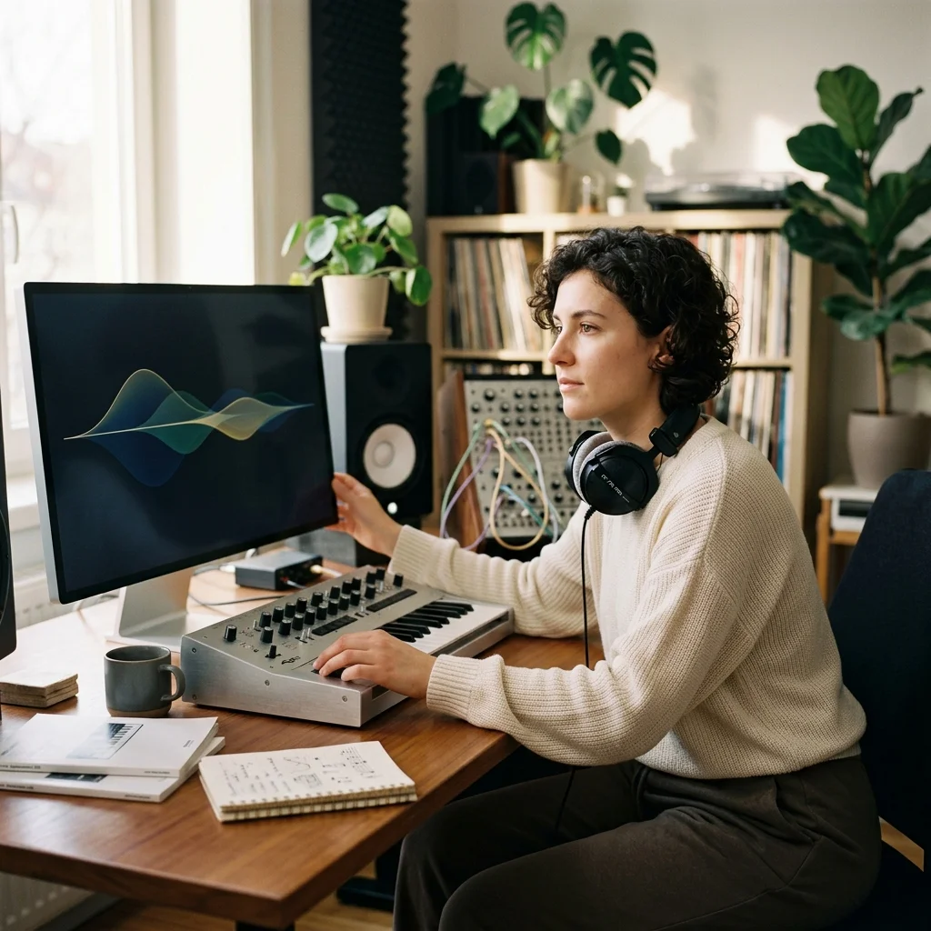 Creator shaping ambient background music with a compact sound texture device