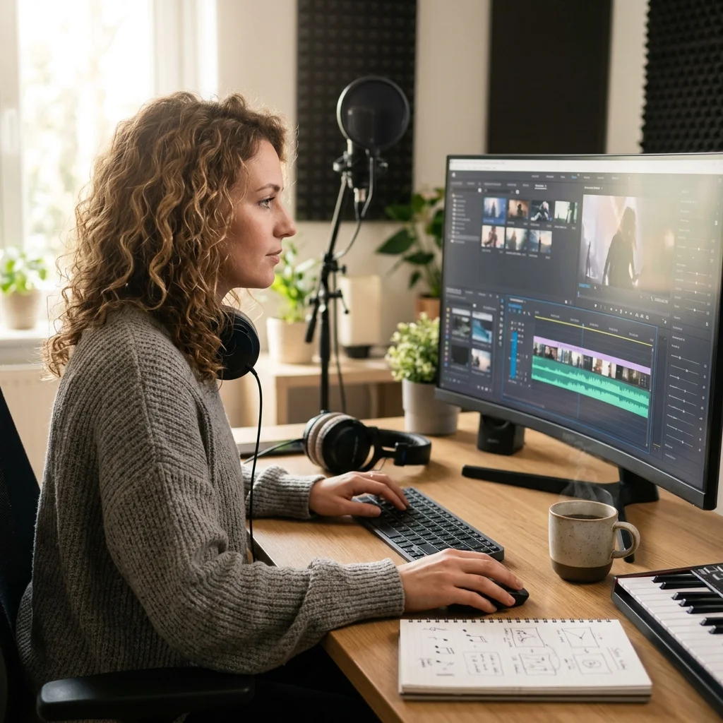 Creator editing a music video with waveform and caption timeline