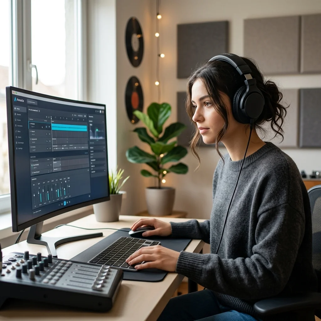 Independent musician shaping an AI music idea in a bright home studio