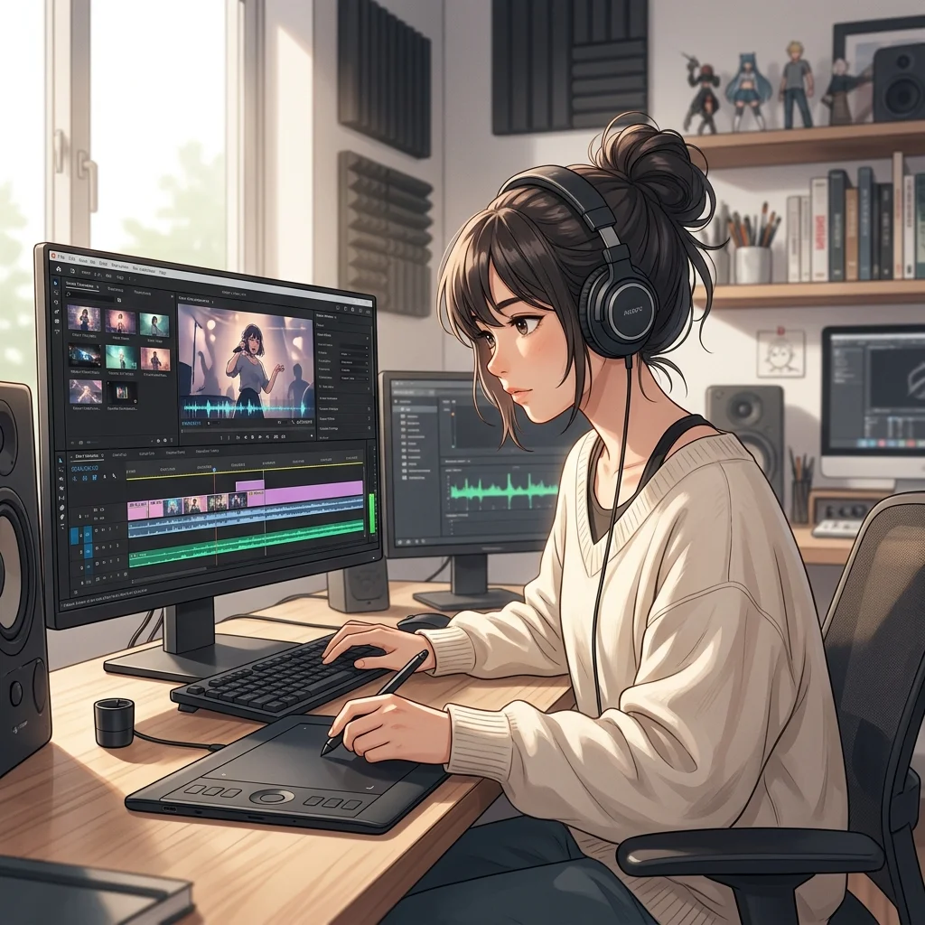 Creator editing a music video with waveform and caption timeline