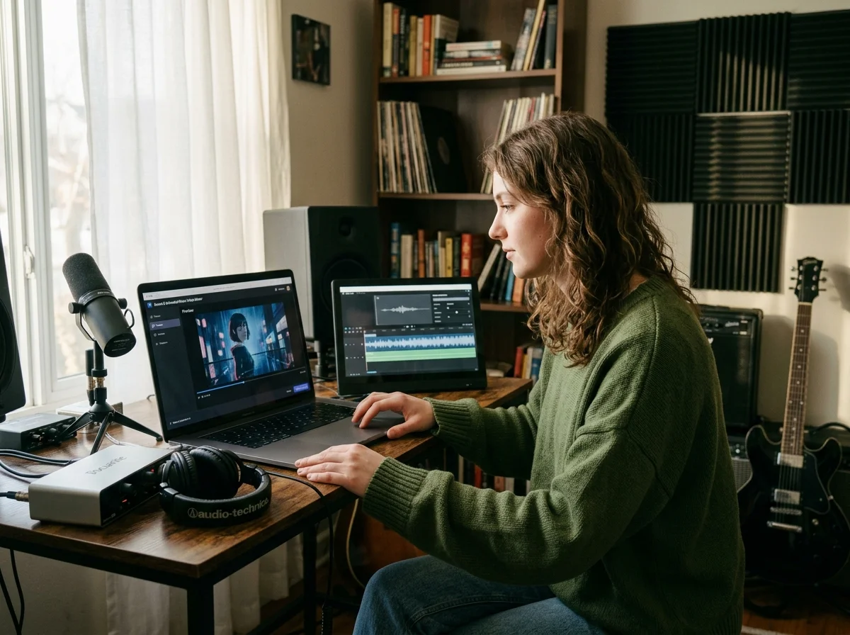 Sound designer analyzing BPM key and pitch before editing audio