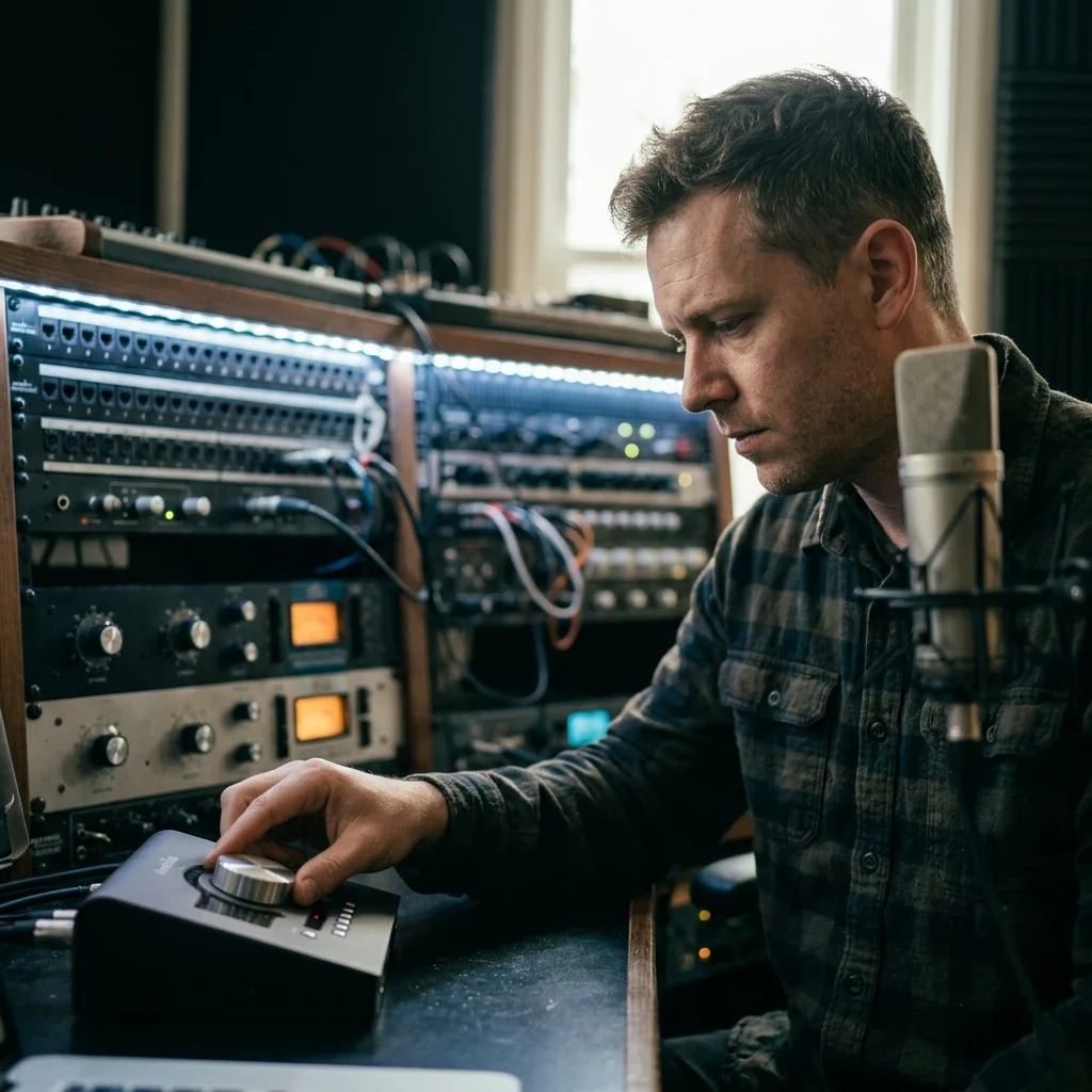 Independent musician shaping an AI music idea in a bright home studio