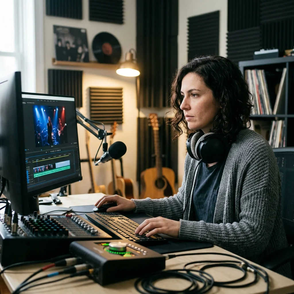 Sound designer analyzing BPM key and pitch before editing audio