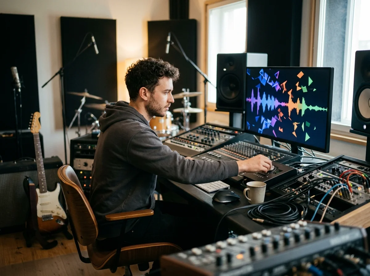 Sound designer analyzing BPM key and pitch before editing audio