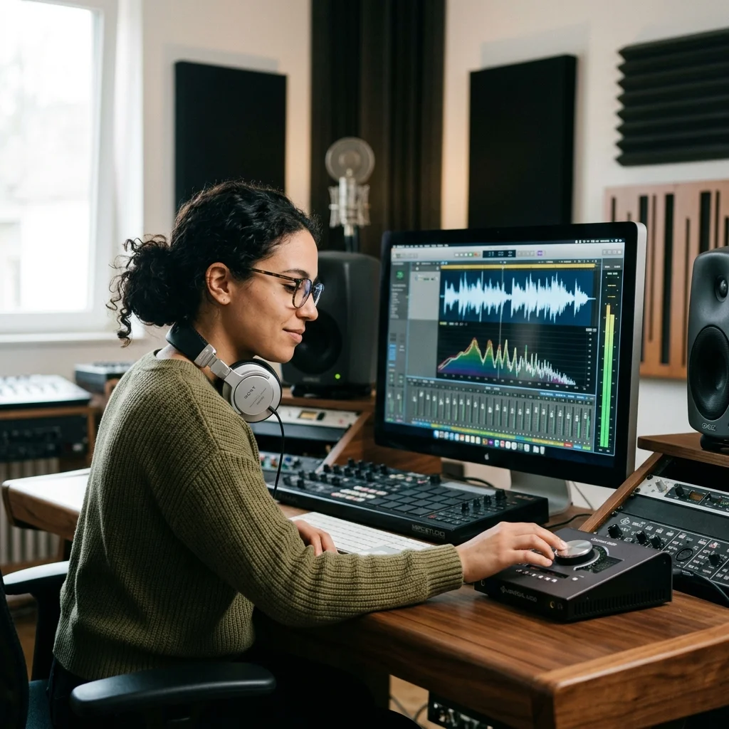 Independent musician shaping an AI music idea in a bright home studio