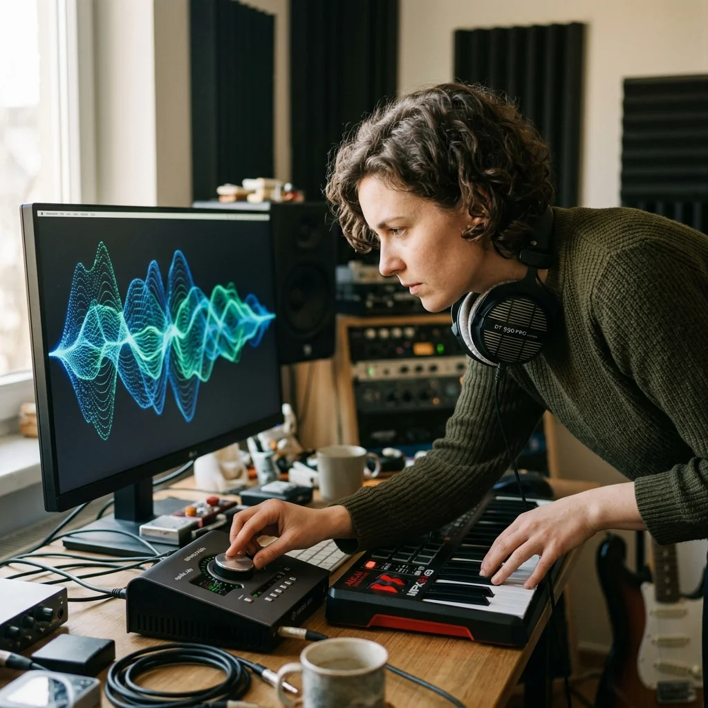 Sound designer analyzing BPM key and pitch before editing audio