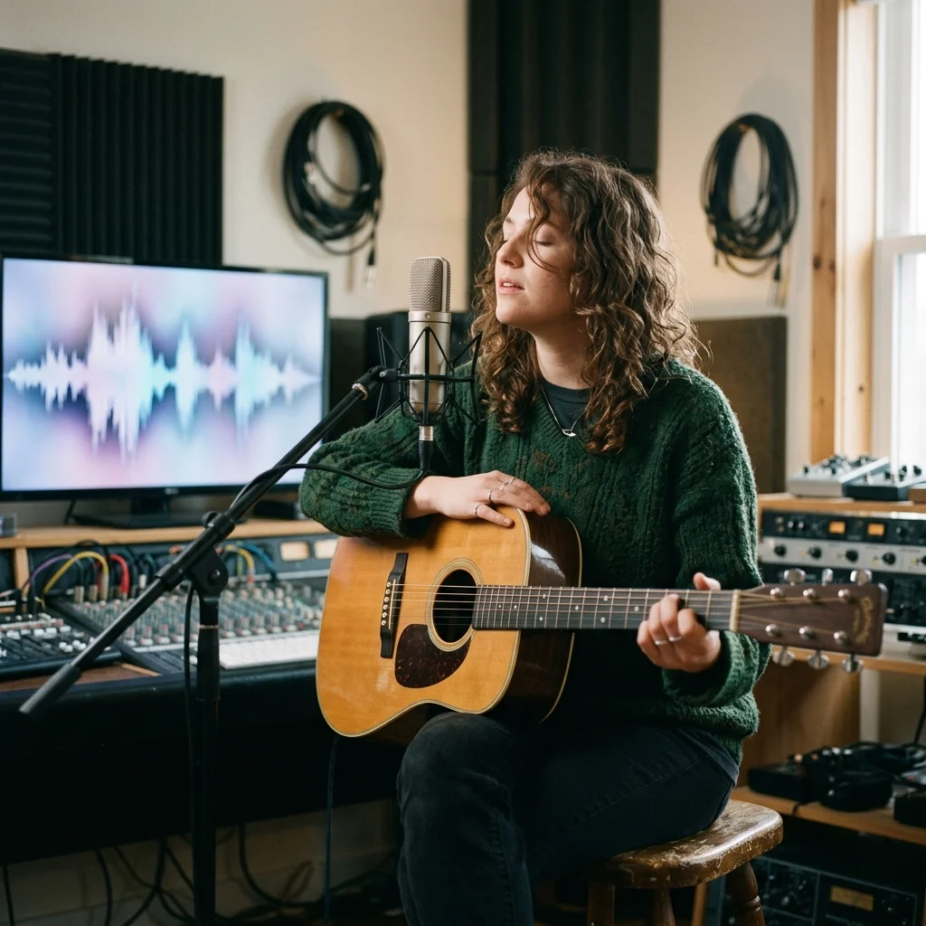 Independent musician shaping an AI music idea in a bright home studio