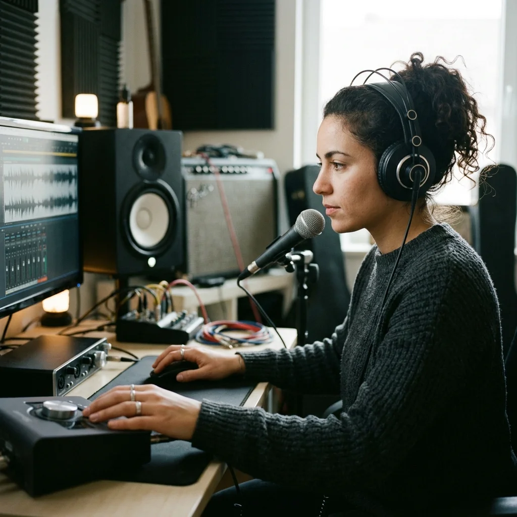 Sound designer analyzing BPM key and pitch before editing audio