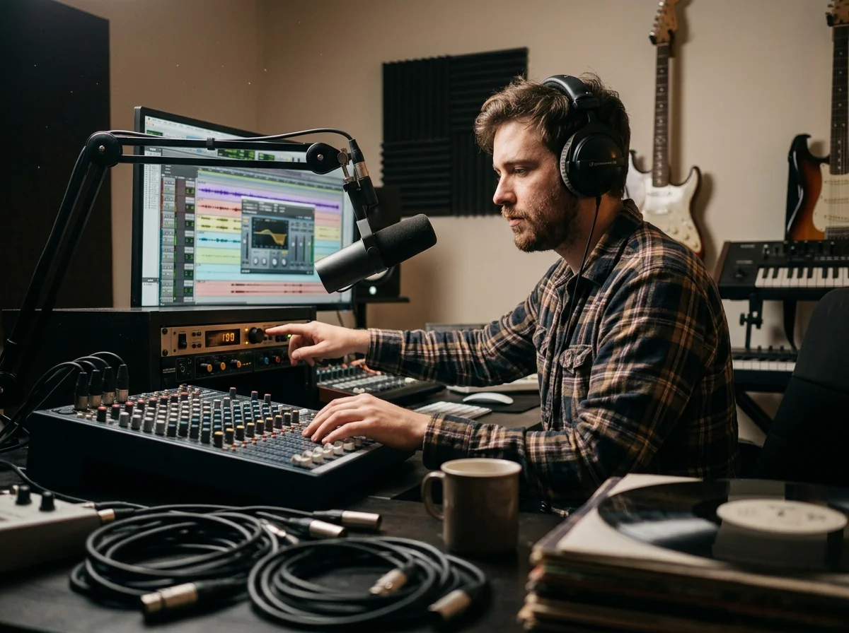 Audio engineer separating vocal and instrumental stems in a clean studio