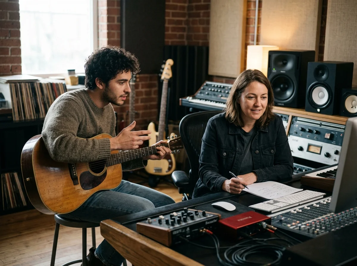 Independent musician shaping an AI music idea in a bright home studio