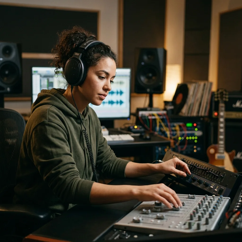 Sound designer analyzing BPM key and pitch before editing audio