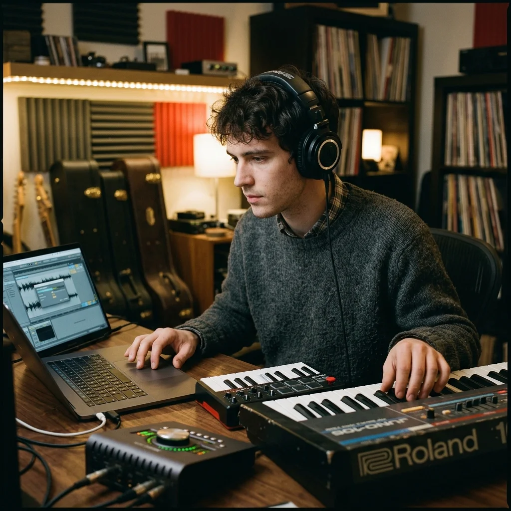 Audio engineer separating vocal and instrumental stems in a clean studio