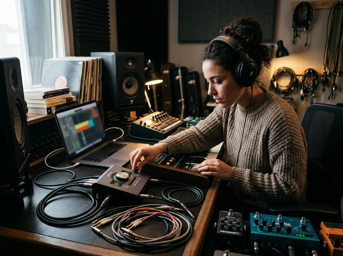 Beat producer tapping a drum pad controller for a new genre idea