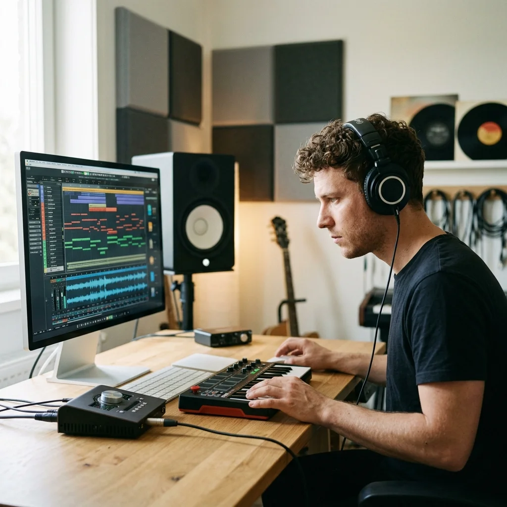 Composer building chords and MIDI ideas on a digital piano